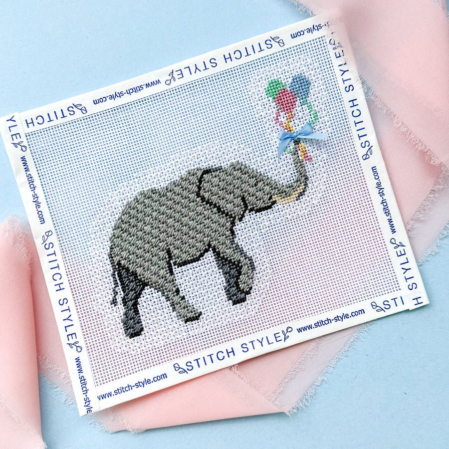 Baby Elephant with Balloons - Penny Linn Designs - Stitch Style Needlepoint